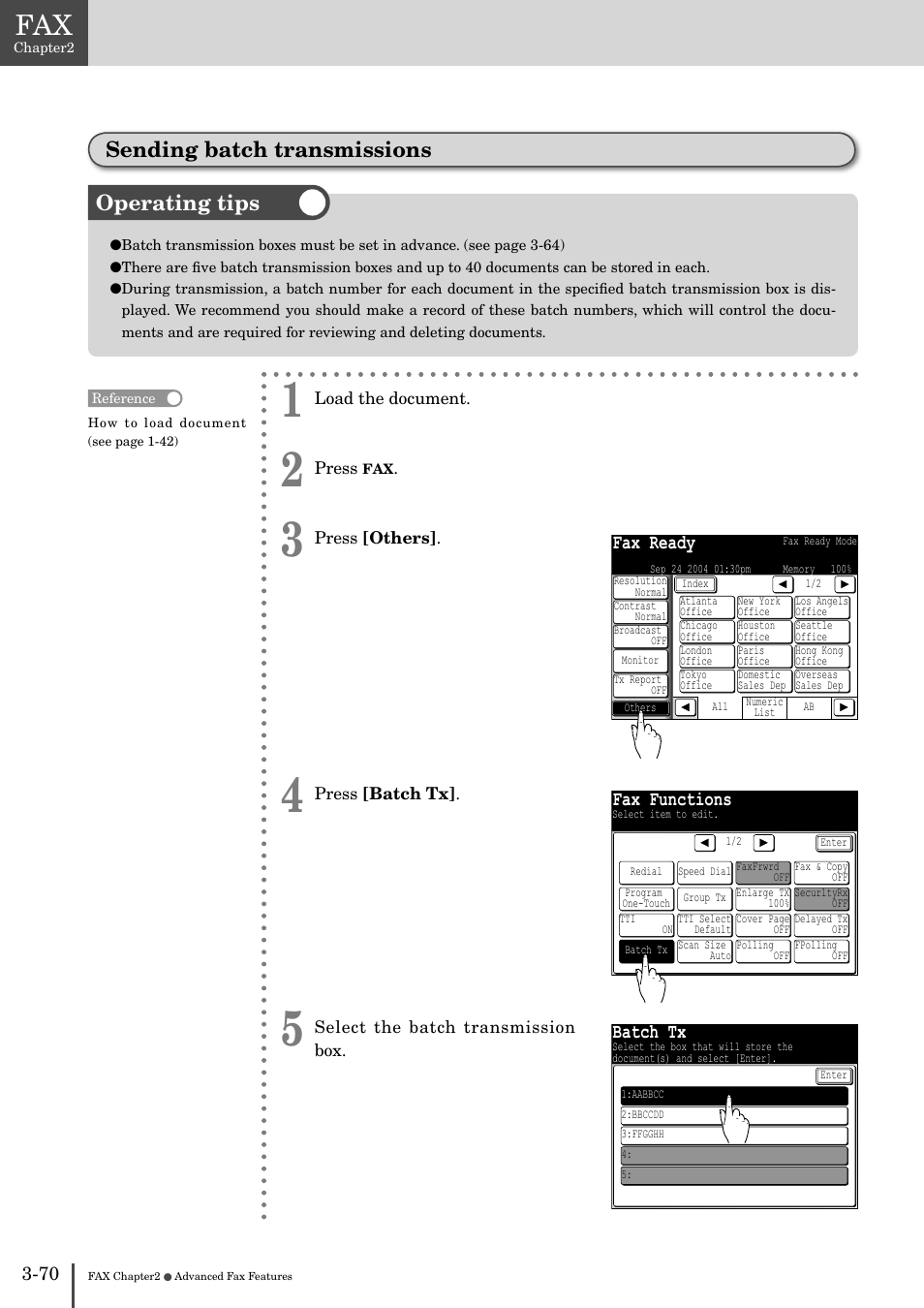 Sending batch transmissions, Operating tips, Fax ready | Fax functions, Batch tx | Muratec MFX-2830 User Manual | Page 248 / 471