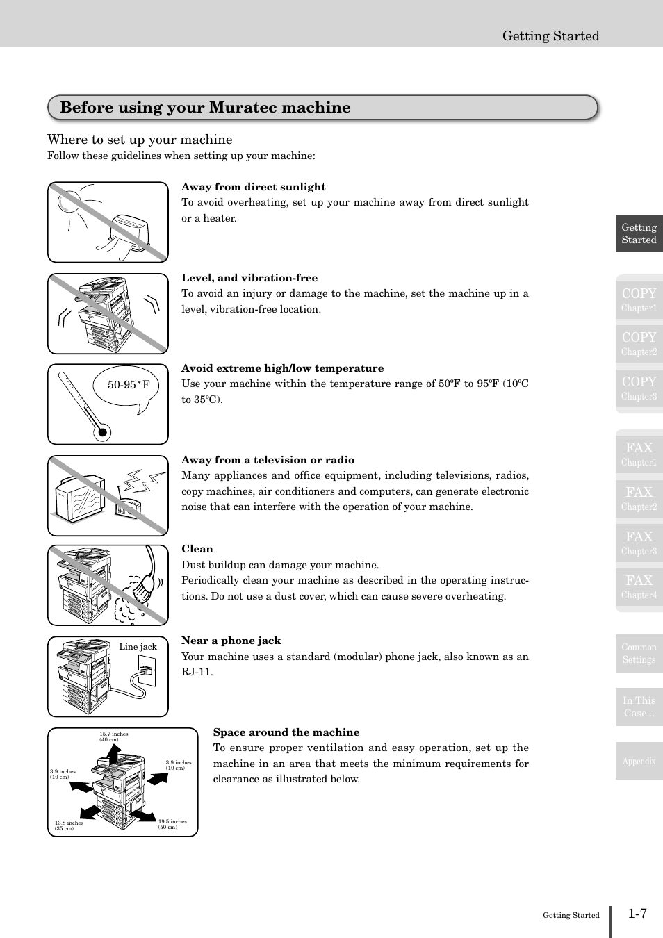 Before using your muratec machine -7, Before using your muratec machine, Copy | Where to set up your machine, Getting started | Muratec MFX-2830 User Manual | Page 25 / 471