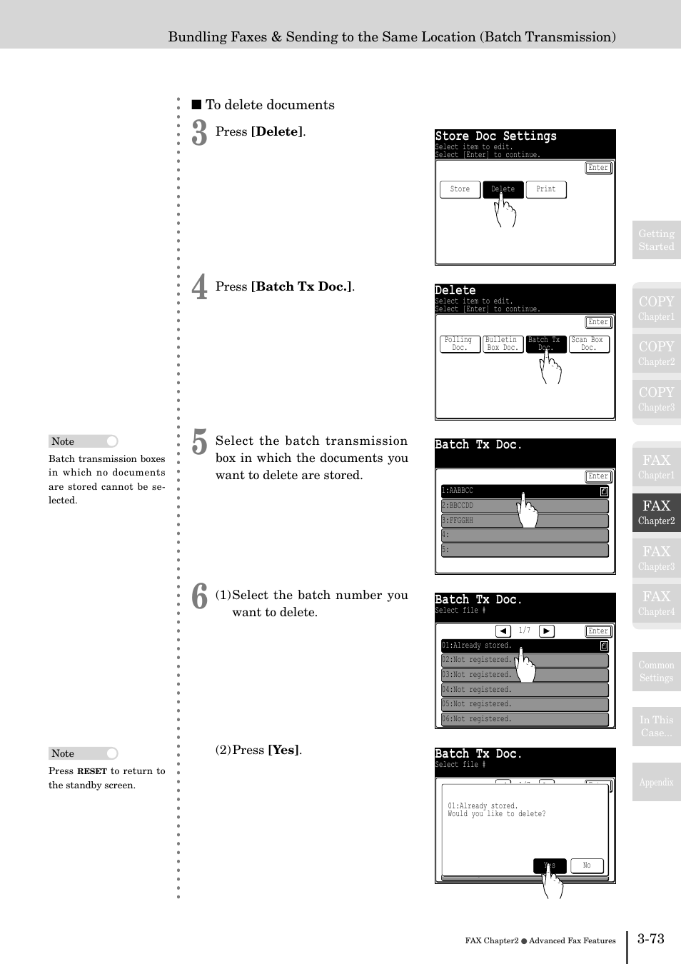 Store doc settings, Delete, Batch tx doc | Muratec MFX-2830 User Manual | Page 251 / 471