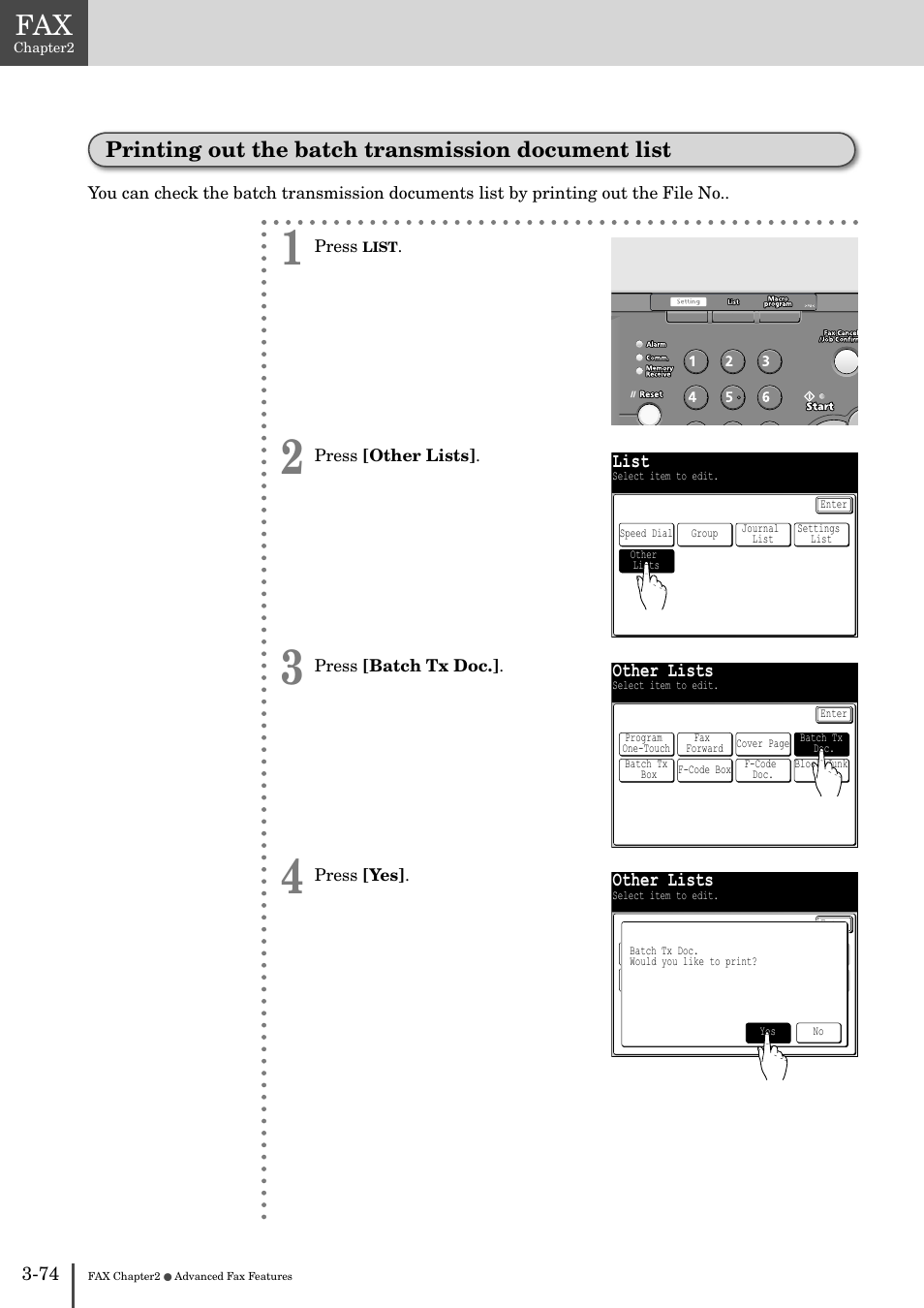 Printing out the batch transmission document list, List, Other lists | Muratec MFX-2830 User Manual | Page 252 / 471