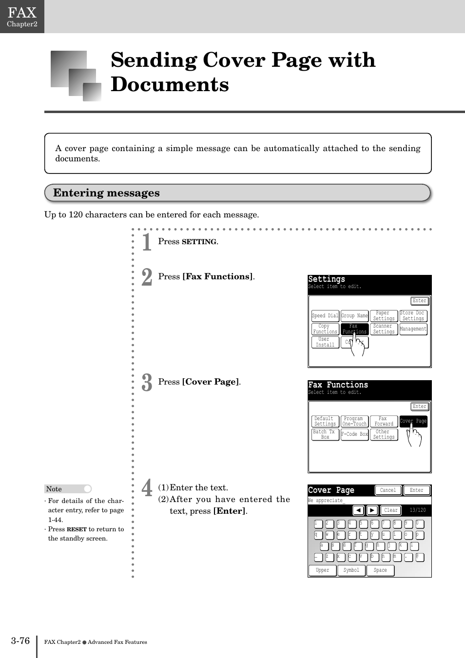 Entering messages -76, Sending cover page with documents, Entering messages | Settings, Fax functions, Cover page | Muratec MFX-2830 User Manual | Page 254 / 471