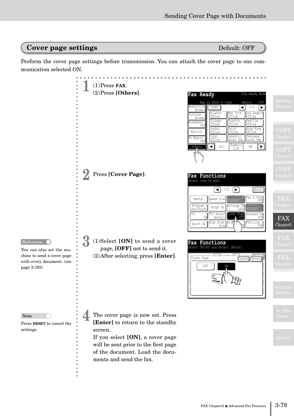 Cover page settings, Fax ready, Fax functions | Copy, Default: off, Sending cover page with documents | Muratec MFX-2830 User Manual | Page 257 / 471