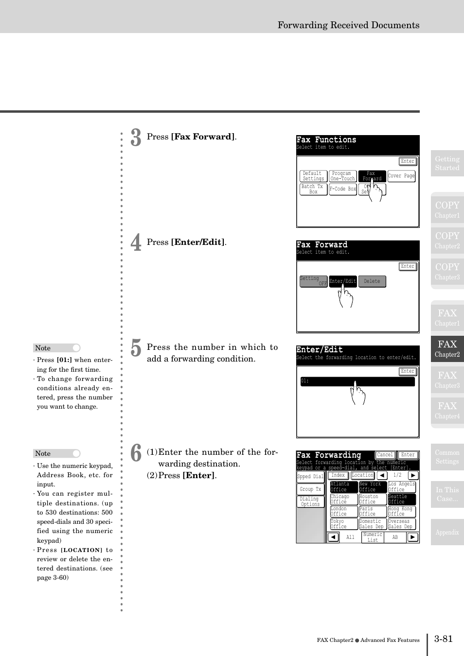 Fax functions, Fax forward, Enter/edit | Fax forwarding, Copy, 81 forwarding received documents | Muratec MFX-2830 User Manual | Page 259 / 471