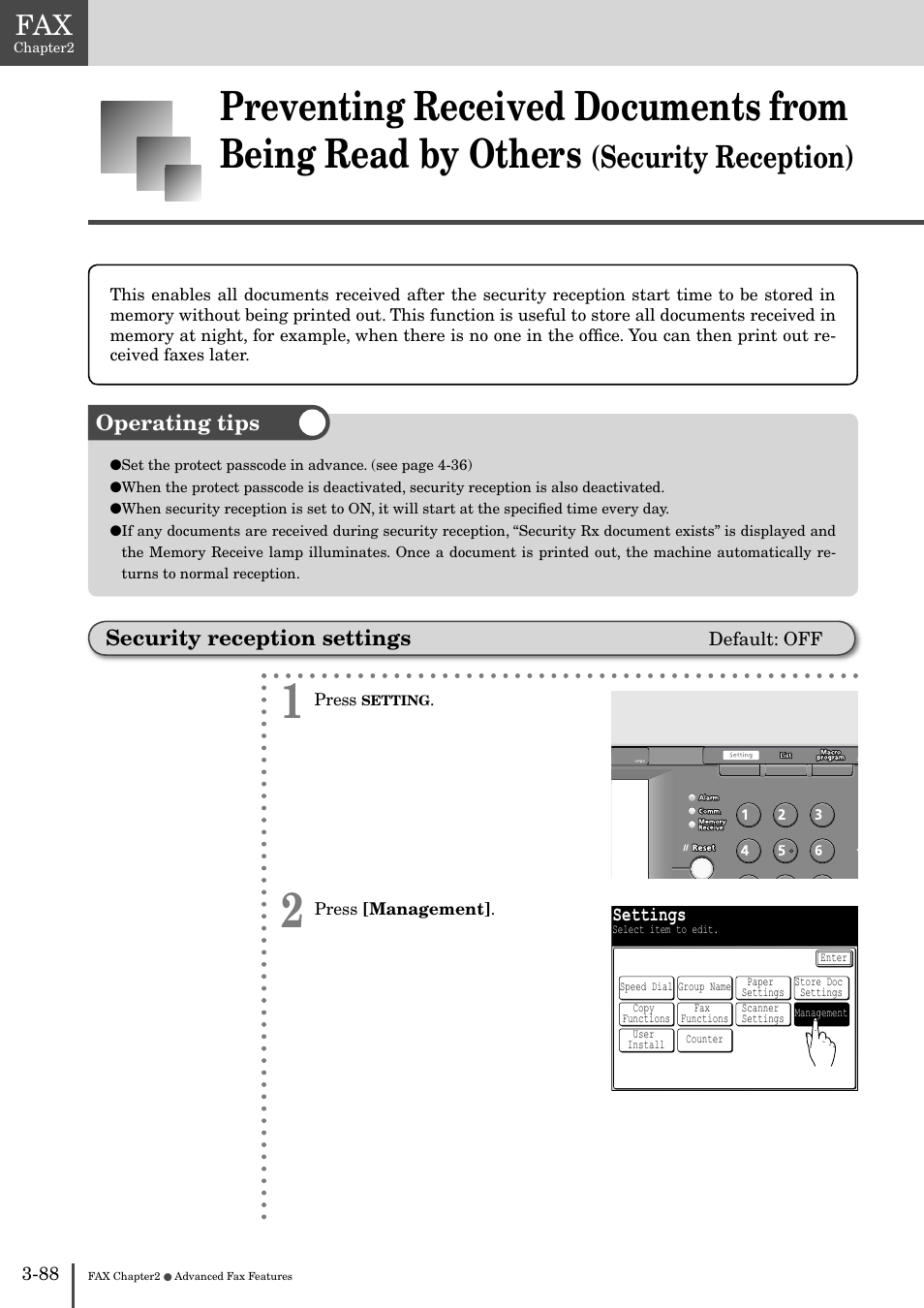 Security reception settings -88, Security reception), Security reception settings | Operating tips | Muratec MFX-2830 User Manual | Page 266 / 471