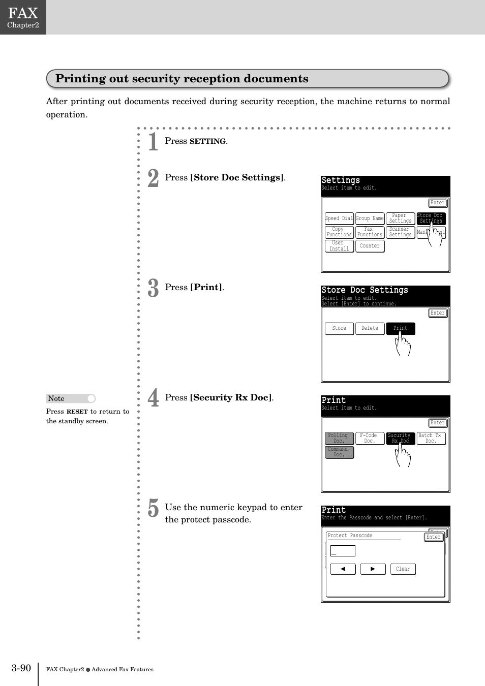 Printing out security reception documents, Settings, Store doc settings | Print | Muratec MFX-2830 User Manual | Page 268 / 471