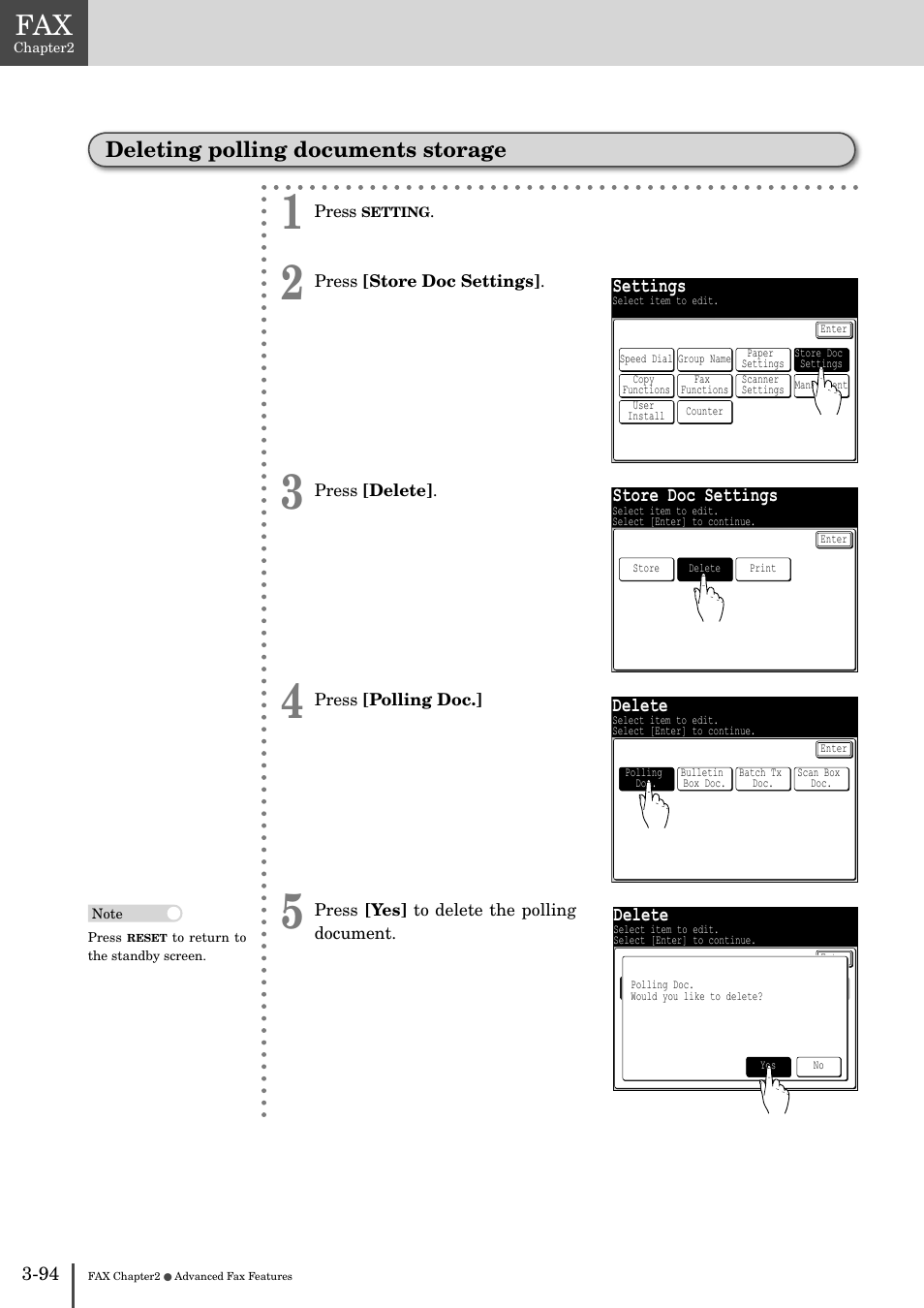 Deleting polling documents storage -94, Deleting polling documents storage, Settings | Store doc settings, Delete | Muratec MFX-2830 User Manual | Page 272 / 471