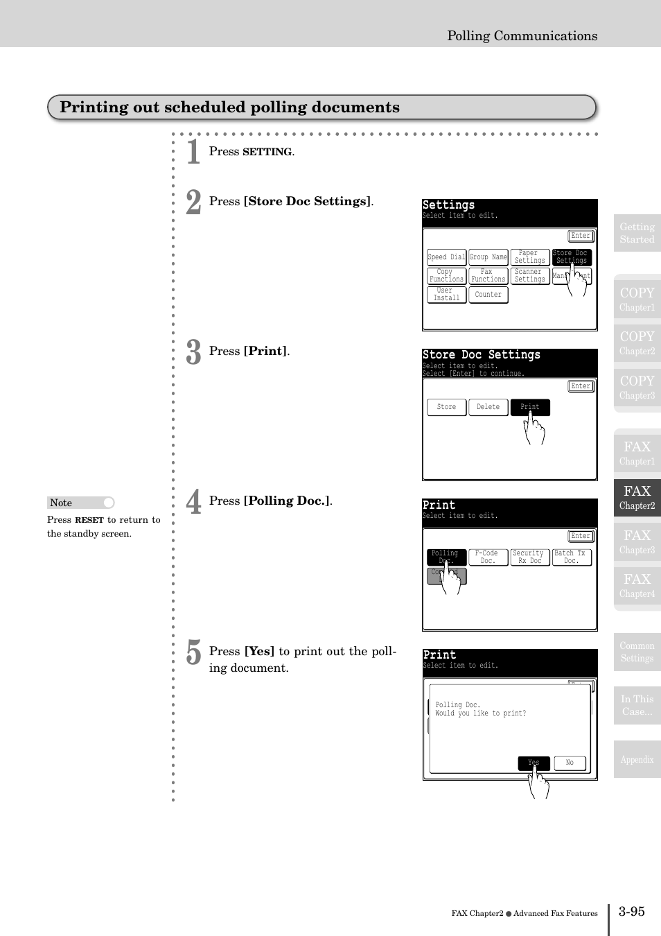 Printing out scheduled polling documents -95, Printing out scheduled polling documents, Settings | Store doc settings, Print | Muratec MFX-2830 User Manual | Page 273 / 471