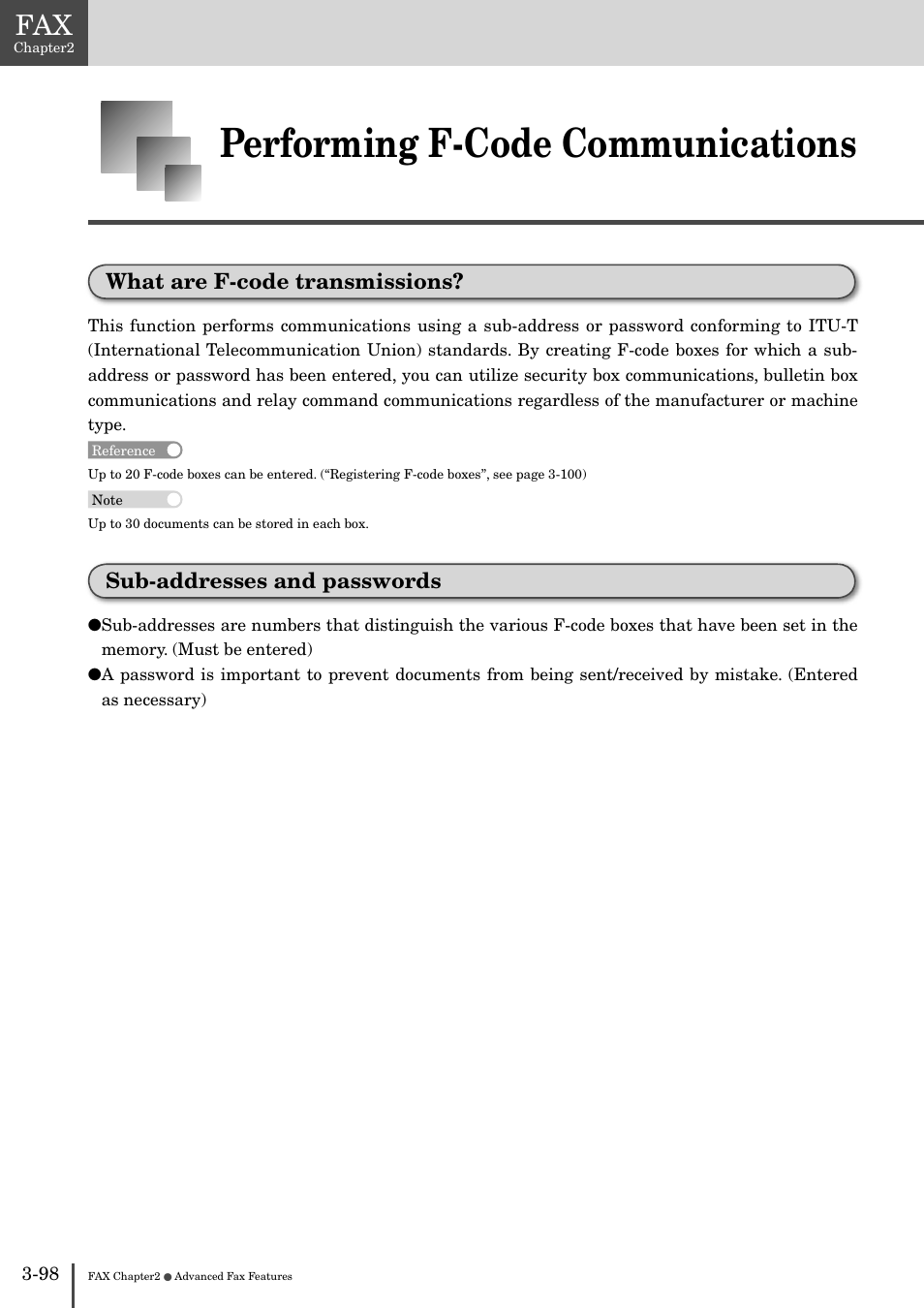 Performing f-code communications -9, Performing f-code communications, What are f-code transmissions | Sub-addresses and passwords | Muratec MFX-2830 User Manual | Page 276 / 471