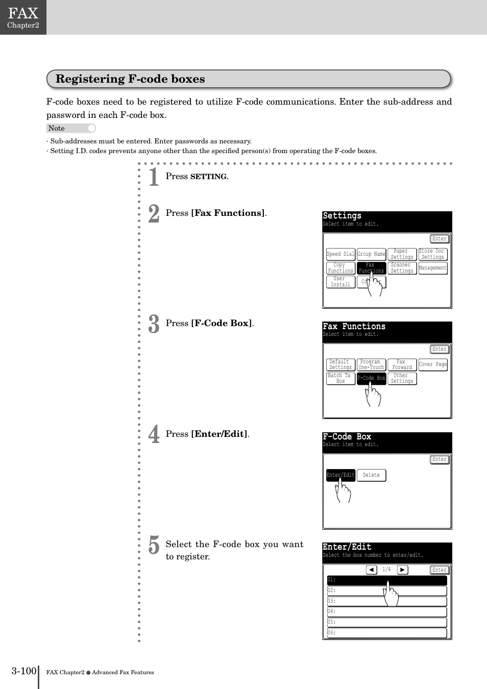 Registering f-code boxes -100, Registering f-code boxes | Muratec MFX-2830 User Manual | Page 278 / 471