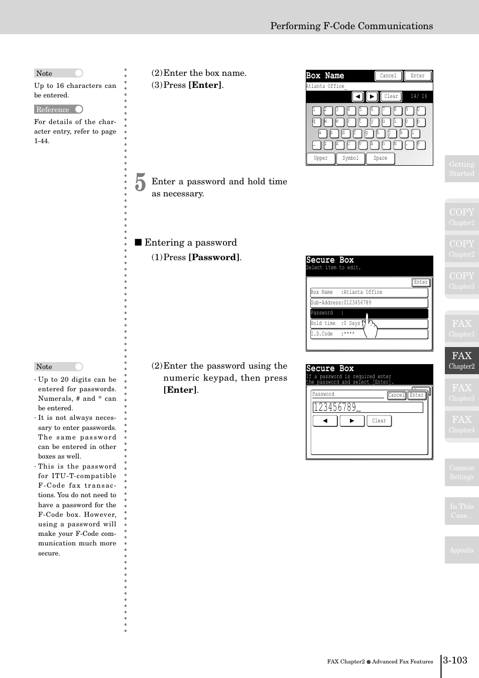 Box name, Secure box, Copy | 103 performing f-code communications, Entering a password | Muratec MFX-2830 User Manual | Page 281 / 471