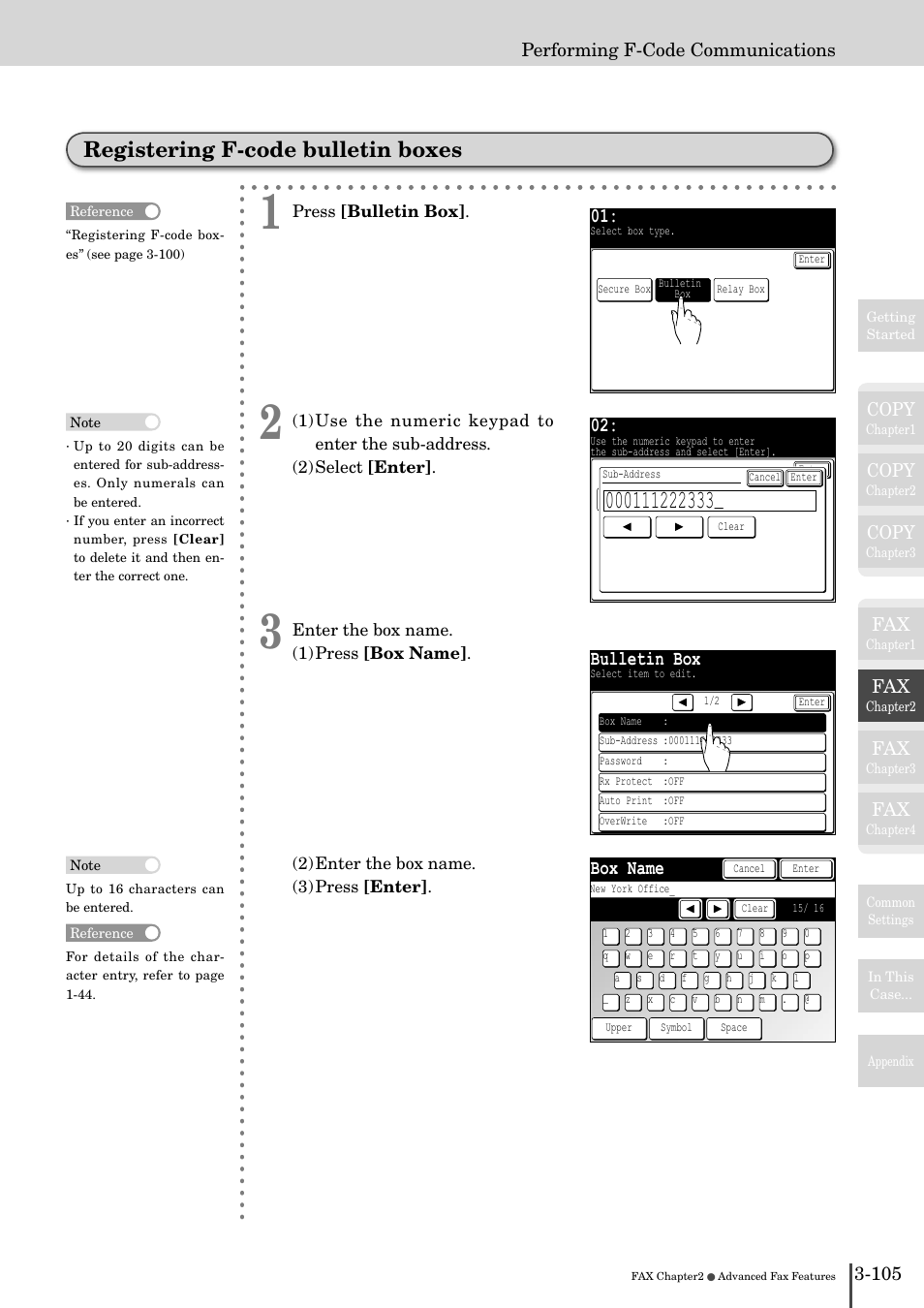 Registering f-code bulletin boxes -105, Registering f-code bulletin boxes, Bulletin box | Box name, Copy, 105 performing f-code communications | Muratec MFX-2830 User Manual | Page 283 / 471