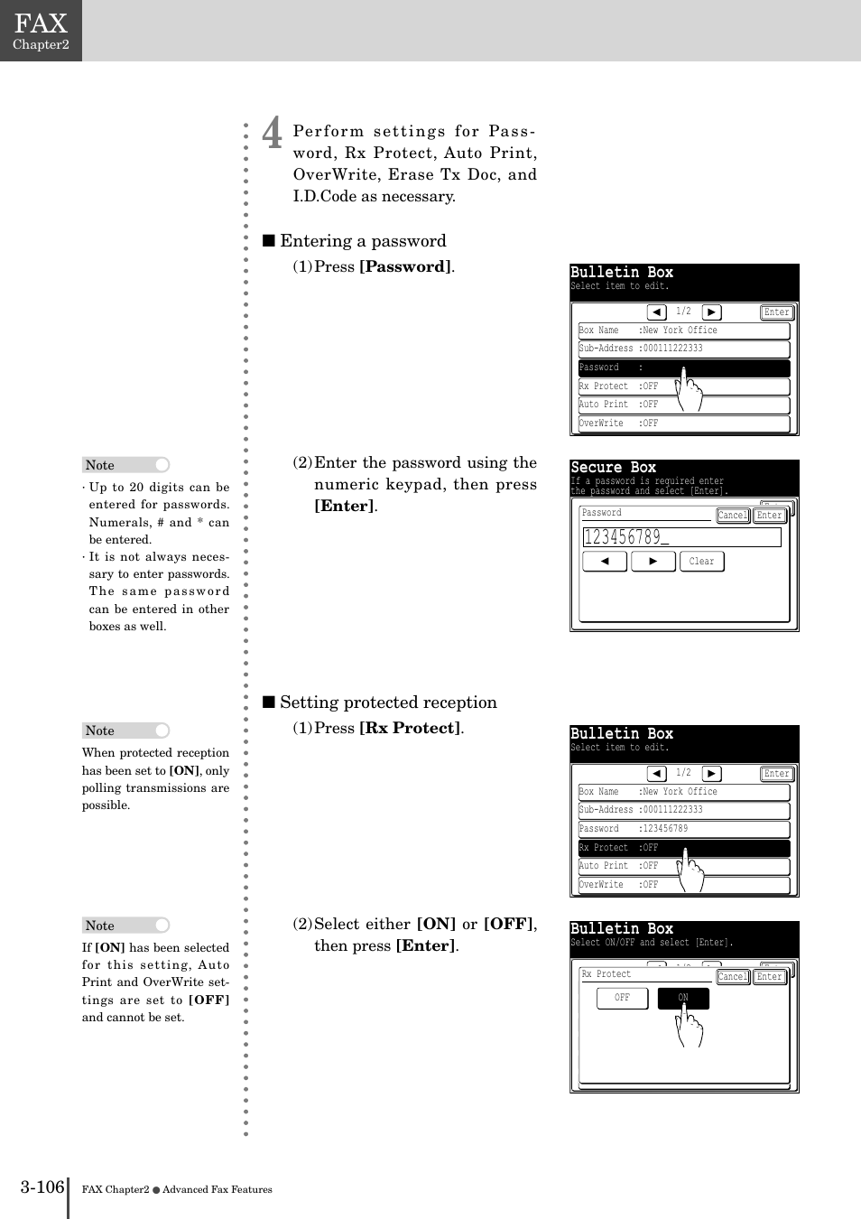 Bulletin box, Secure box, Entering a password | Setting protected reception | Muratec MFX-2830 User Manual | Page 284 / 471