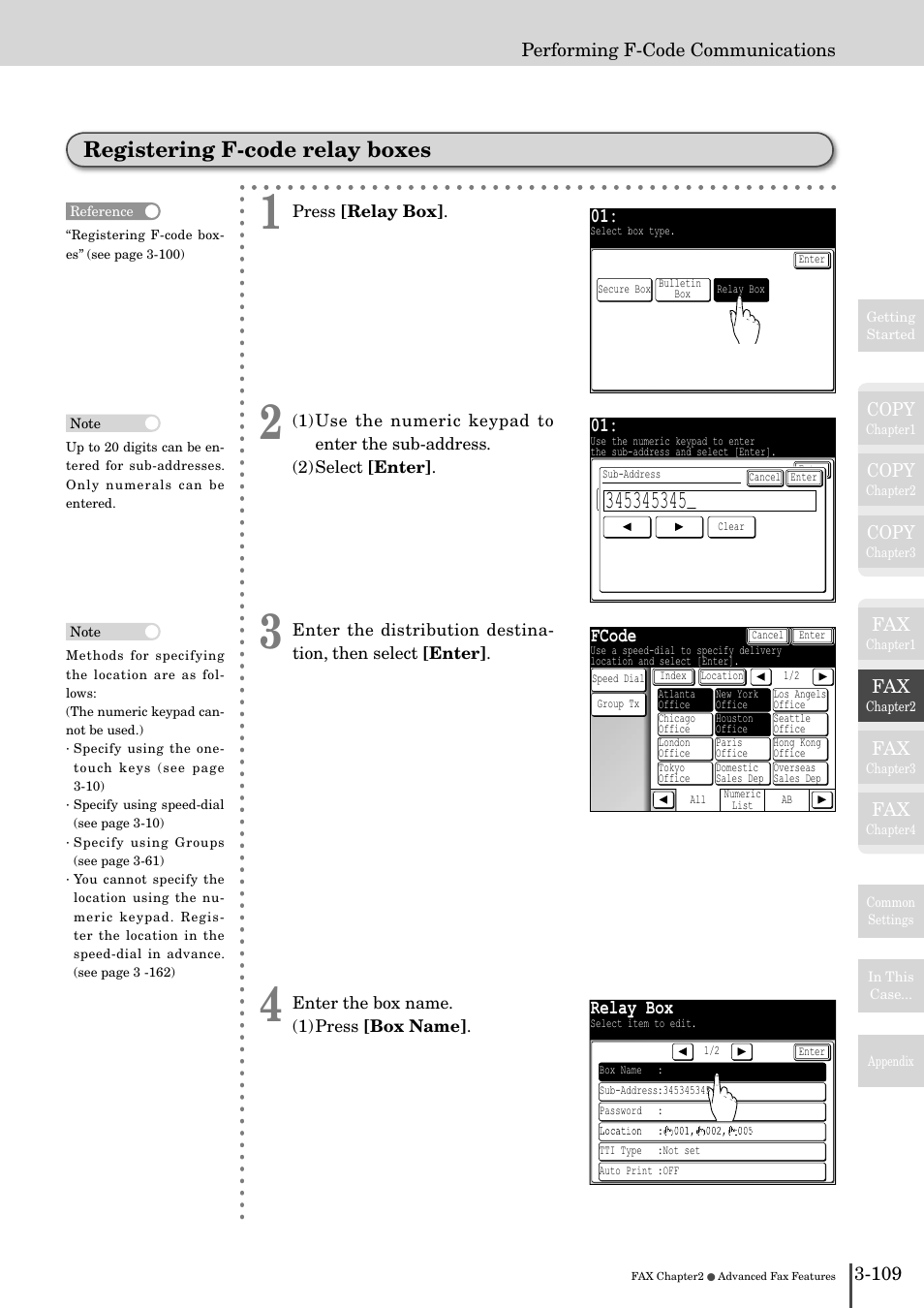 Registering f-code relay boxes -109, Registering f-code relay boxes, Fcode | Relay box, Copy, 109 performing f-code communications | Muratec MFX-2830 User Manual | Page 287 / 471