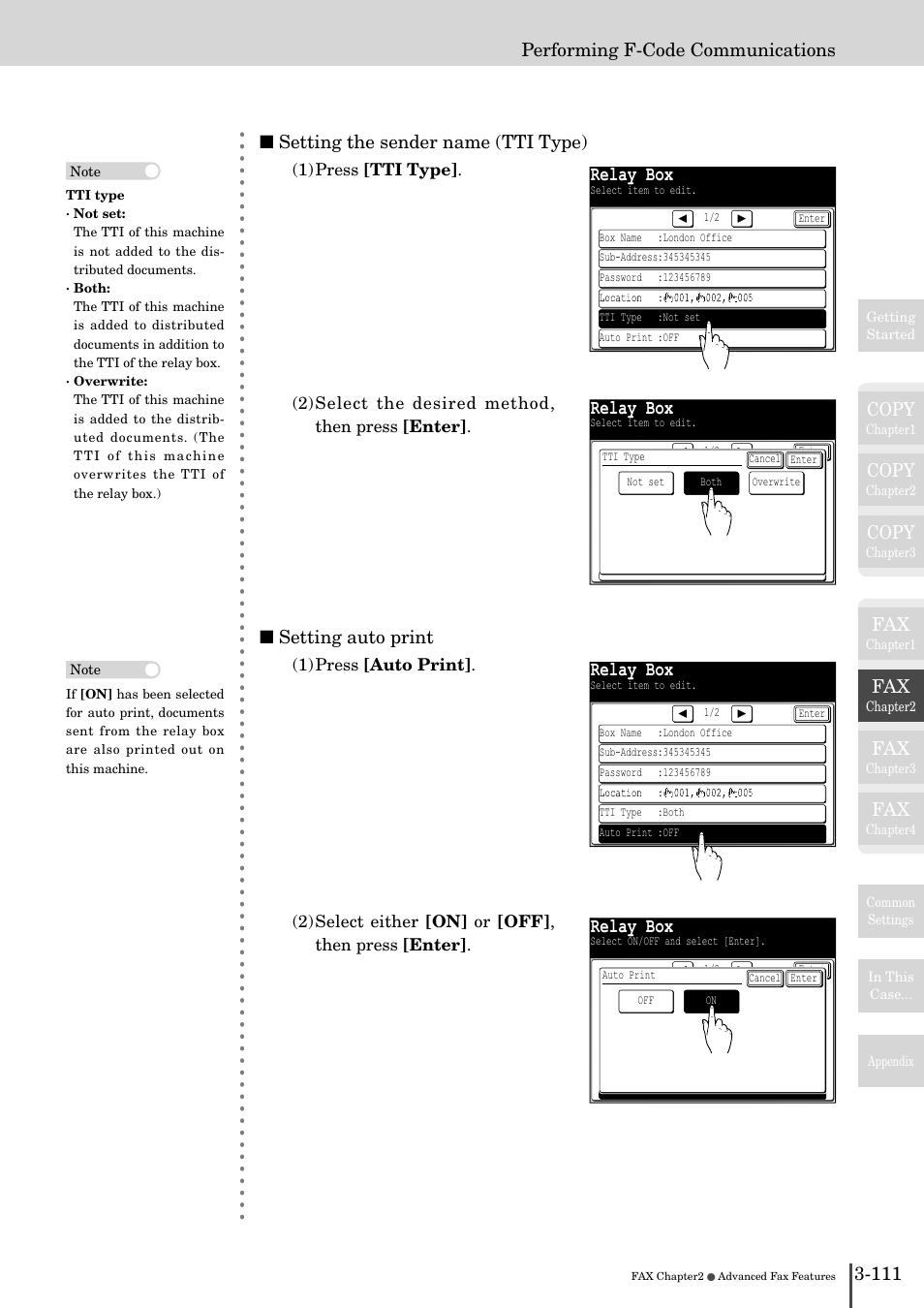 Relay box, Copy, 111 performing f-code communications | Setting the sender name (tti type), Setting auto print | Muratec MFX-2830 User Manual | Page 289 / 471