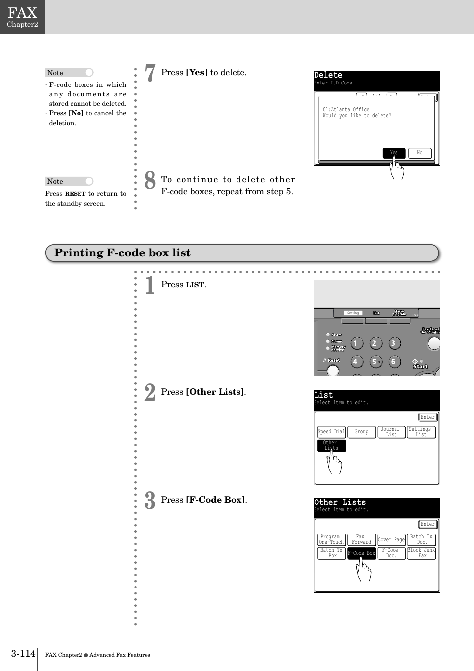 Printing f-code box list -114, Printing f-code box list, List | Other lists, Delete | Muratec MFX-2830 User Manual | Page 292 / 471