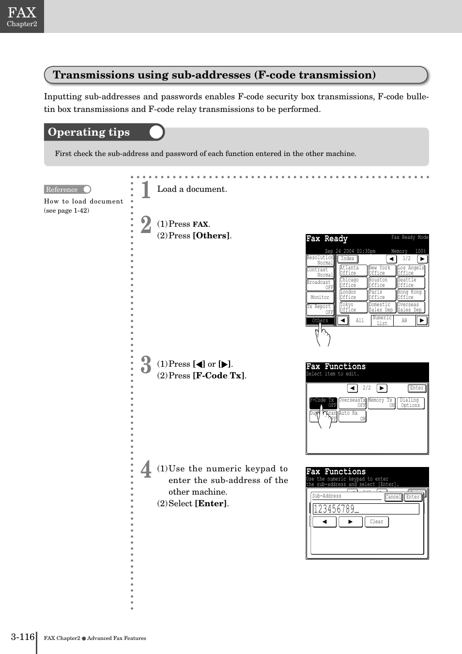 Transmissions using sub-addresses (f-code, Transmission) -116, Operating tips | Fax ready, Fax functions | Muratec MFX-2830 User Manual | Page 294 / 471