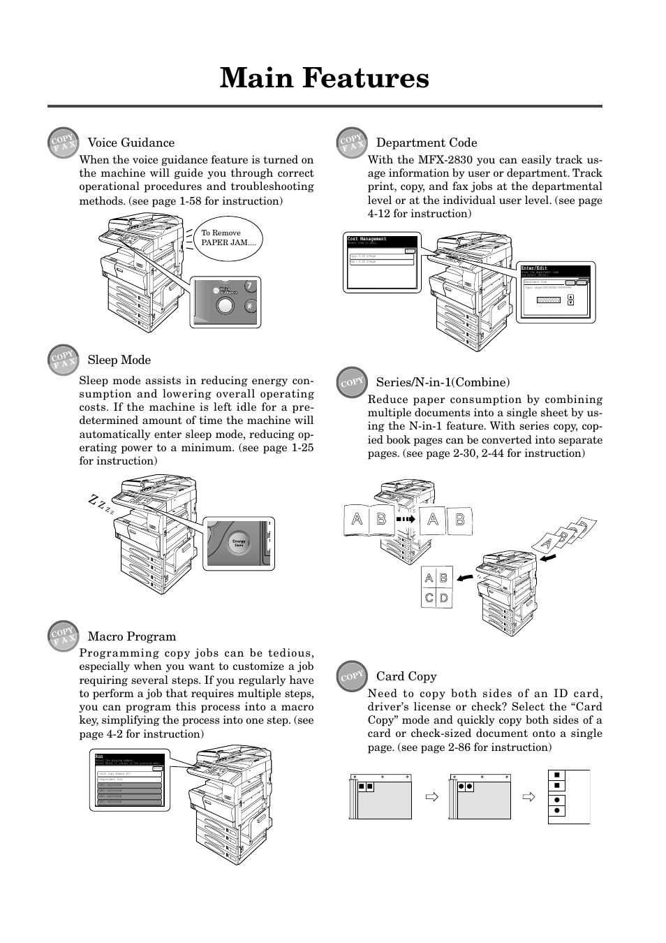 Main features, Voice guidance, Sleep mode | Macro program, Department code, Series/n-in-1(combine), Card copy | Muratec MFX-2830 User Manual | Page 3 / 471