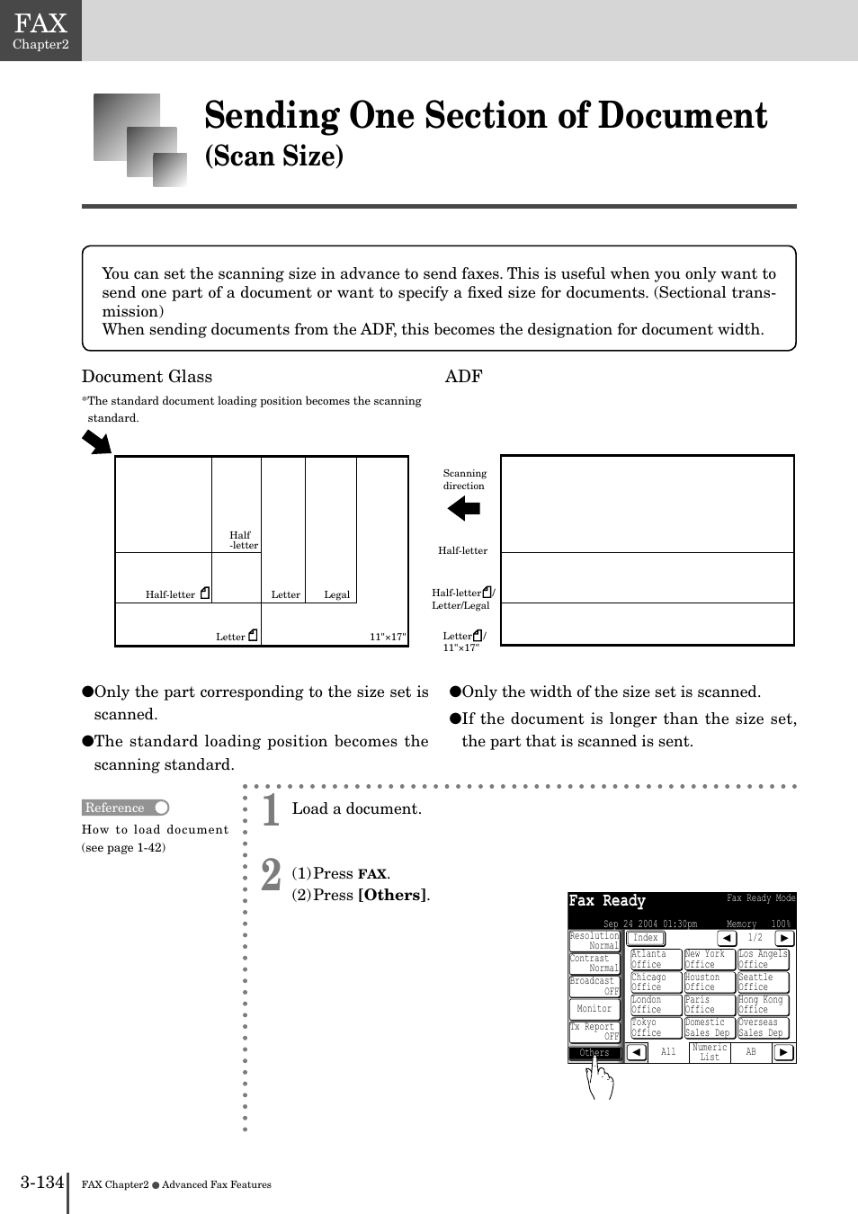 Sending one section of document (scan size) -134, Scan size), Fax ready | Document glass adf | Muratec MFX-2830 User Manual | Page 312 / 471