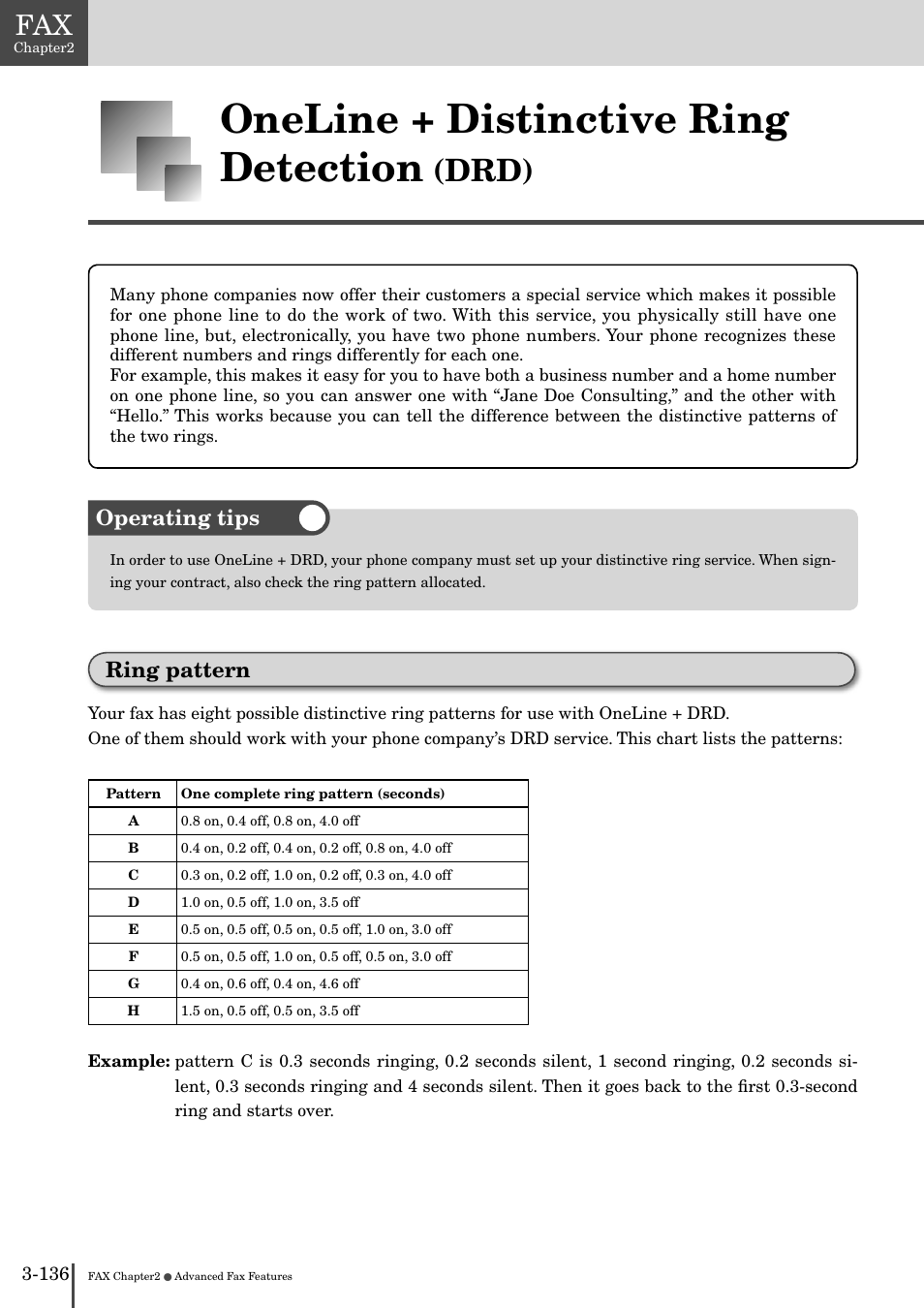 Oneline + distinctive ring detection (drd) -136, Ring pattern -13, Oneline + distinctive ring detection | Drd), Operating tips ring pattern | Muratec MFX-2830 User Manual | Page 314 / 471