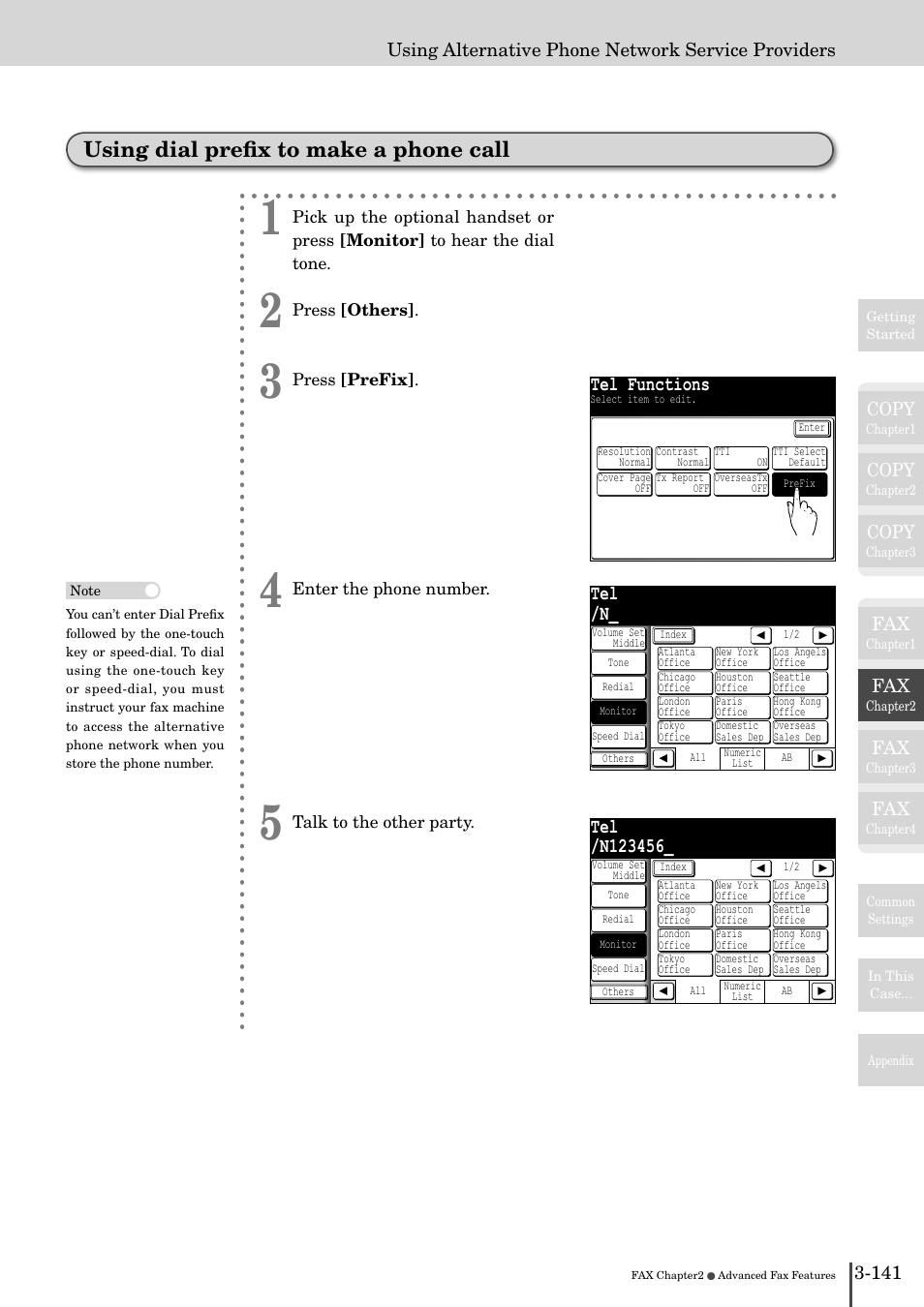 Using dial preﬁx to make a phone call -141, Using dial preﬁx to make a phone call, Other settings tel functions | Other settings, Tel /n, Copy | Muratec MFX-2830 User Manual | Page 319 / 471