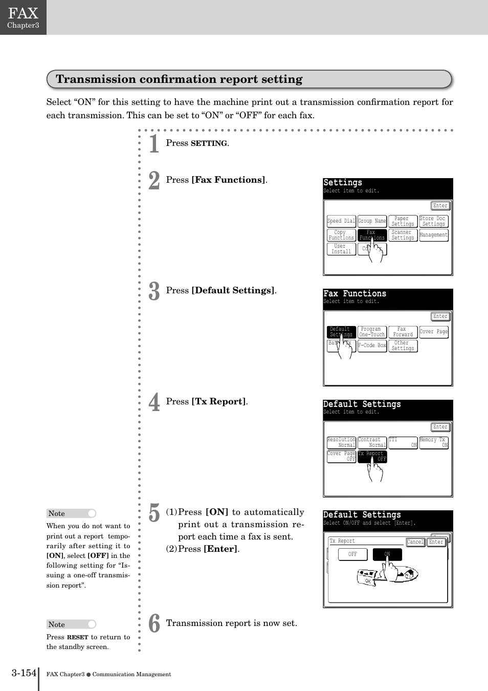 Transmission conﬁrmation report setting -154, Transmission conﬁrmation report setting, Settings | Fax functions, Default settings | Muratec MFX-2830 User Manual | Page 332 / 471