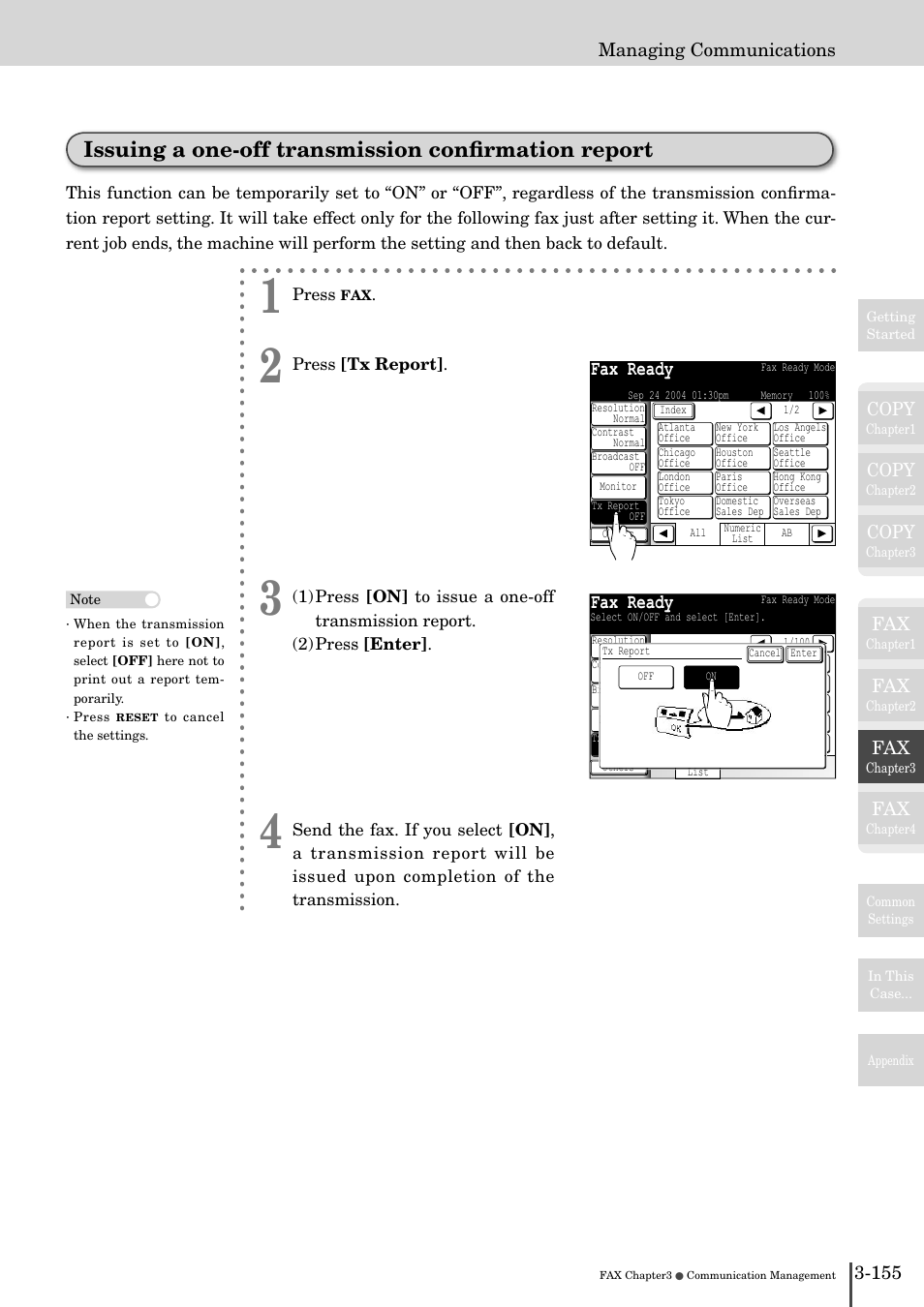 Issuing a one-off transmission conﬁrmation report, Fax ready, Copy | 155 managing communications | Muratec MFX-2830 User Manual | Page 333 / 471