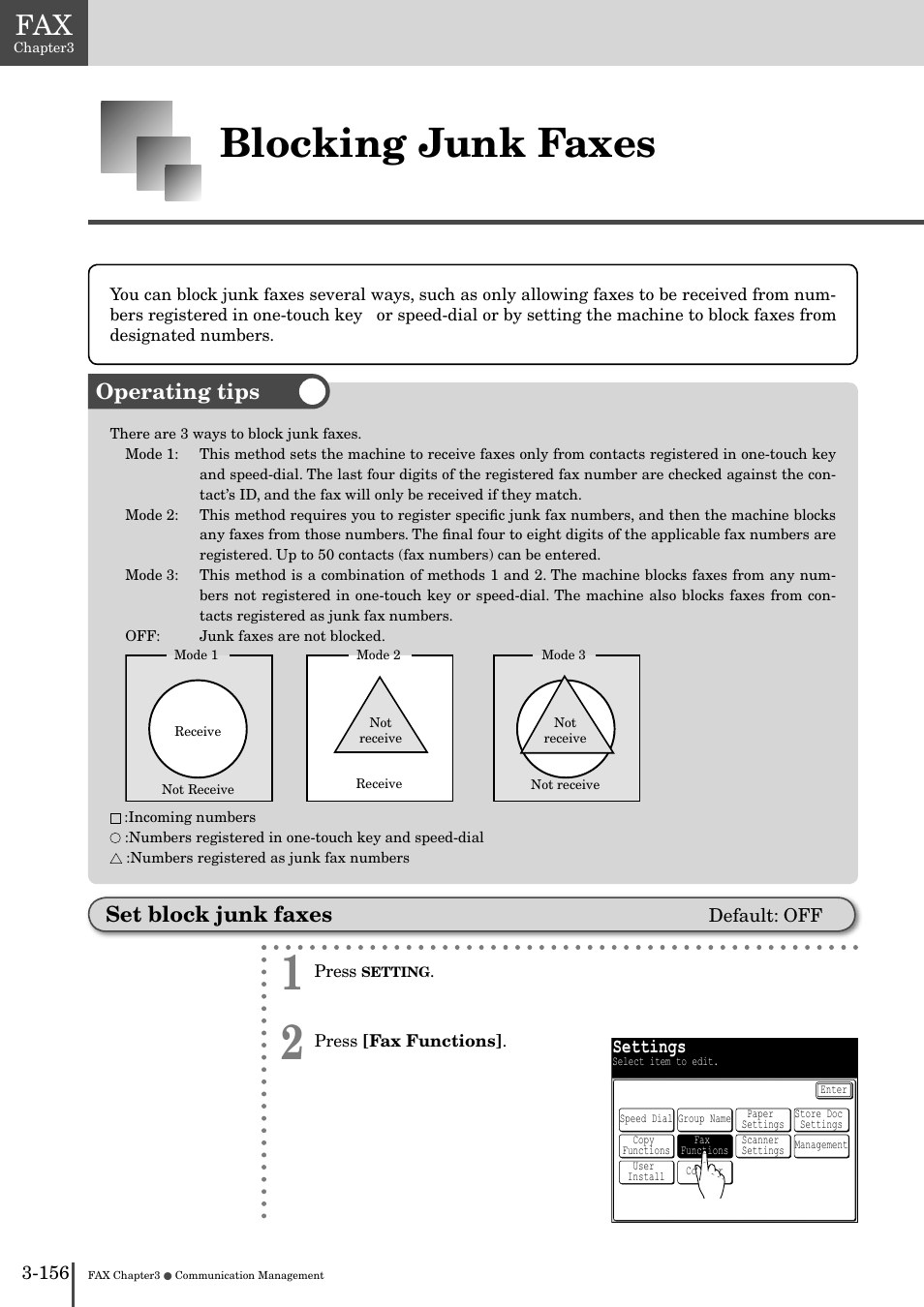 Blocking junk faxes -15, Set block junk faxes -156, Blocking junk faxes | Operating tips set block junk faxes, Settings | Muratec MFX-2830 User Manual | Page 334 / 471