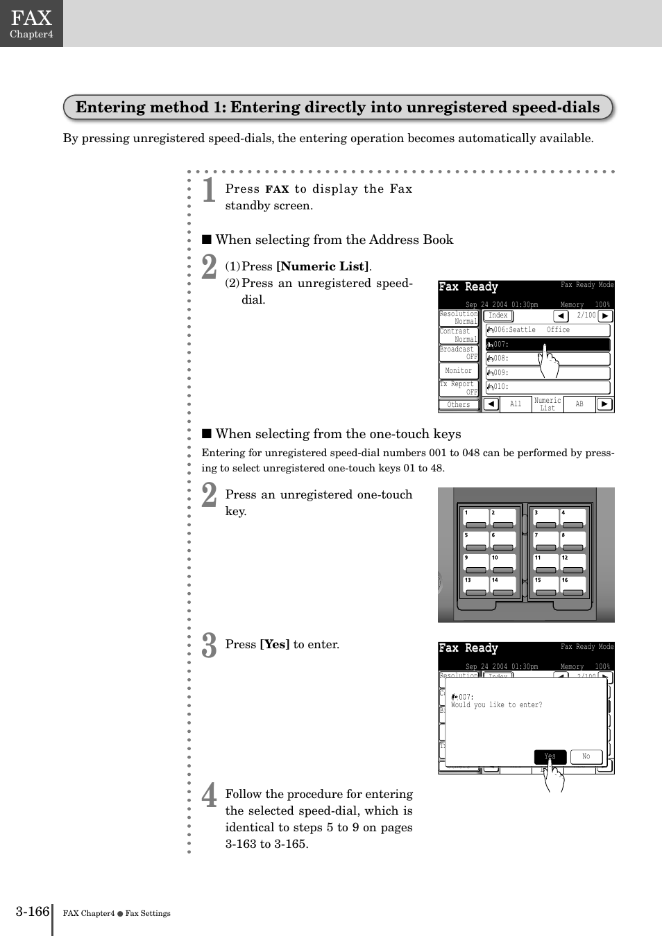 Entering method 1: entering directly into, Unregistered speed-dials -166 | Muratec MFX-2830 User Manual | Page 344 / 471
