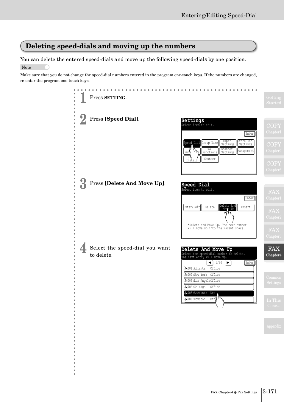 Deleting speed-dials and moving up the num, Bers -1, Deleting speed-dials and moving up the numbers | Settings, Speed dial, Delete and move up | Muratec MFX-2830 User Manual | Page 349 / 471