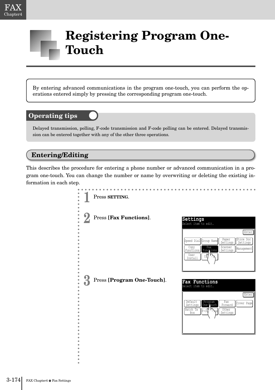 Registering program one-touch -17, Entering/editing -174, Registering program one- touch | Operating tips entering/editing | Muratec MFX-2830 User Manual | Page 352 / 471