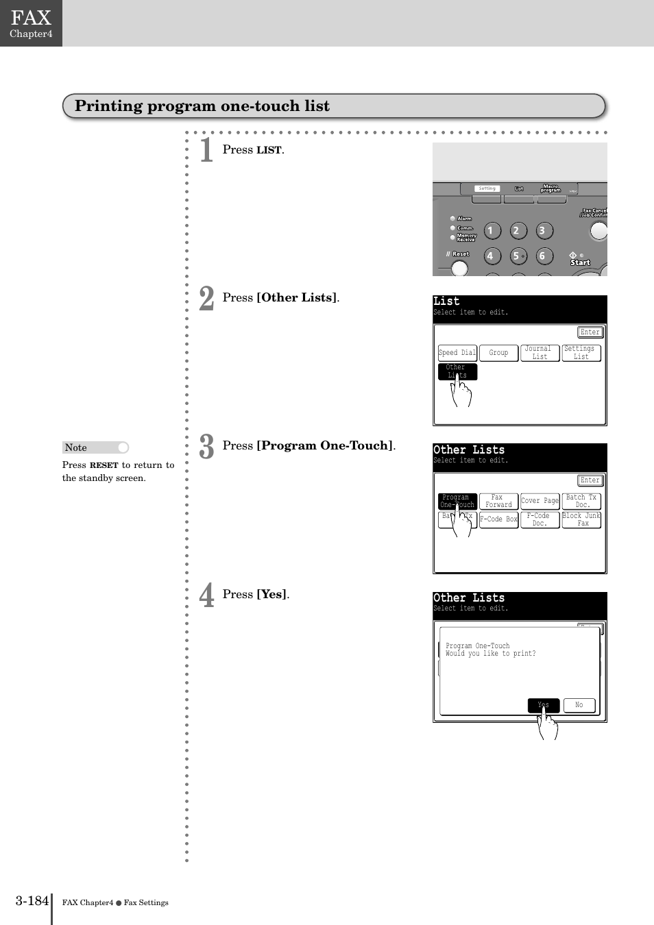 Printing program one-touch list -184, Printing program one-touch list, List | Other lists | Muratec MFX-2830 User Manual | Page 362 / 471