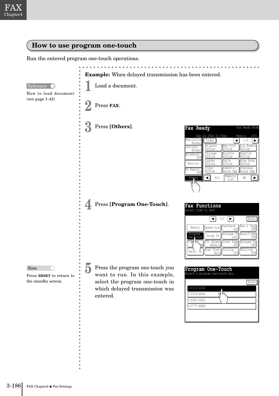 How to use program one-touch -186, How to use program one-touch, Fax ready | Fax functions, Program one-touch | Muratec MFX-2830 User Manual | Page 364 / 471