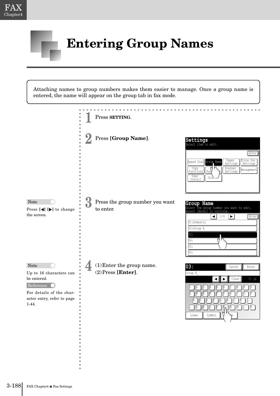 Entering group names -18, Entering group names, Settings | Group name | Muratec MFX-2830 User Manual | Page 366 / 471