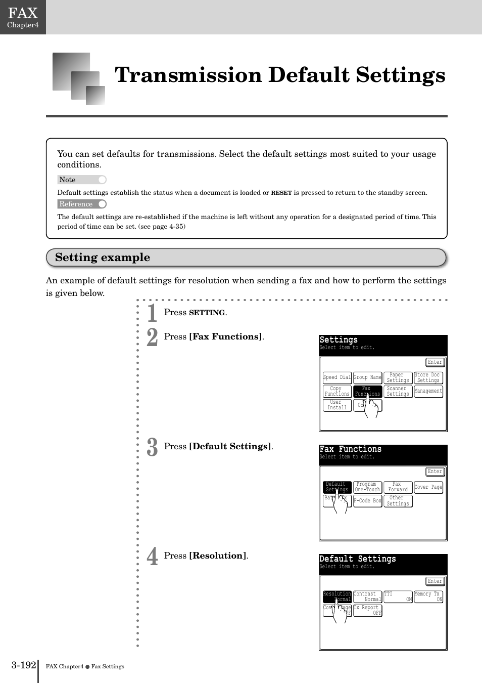 Transmission default settings -19, Setting example -192, Transmission default settings | Setting example, Settings, Fax functions, Default settings | Muratec MFX-2830 User Manual | Page 370 / 471