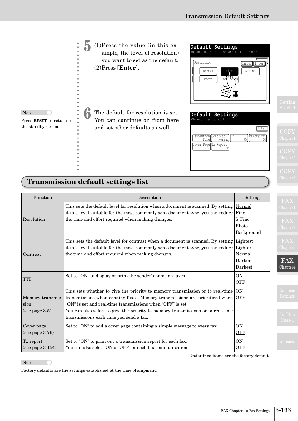 Transmission default settings list -193, Transmission default settings list, Default settings | Copy, 193 transmission default settings | Muratec MFX-2830 User Manual | Page 371 / 471