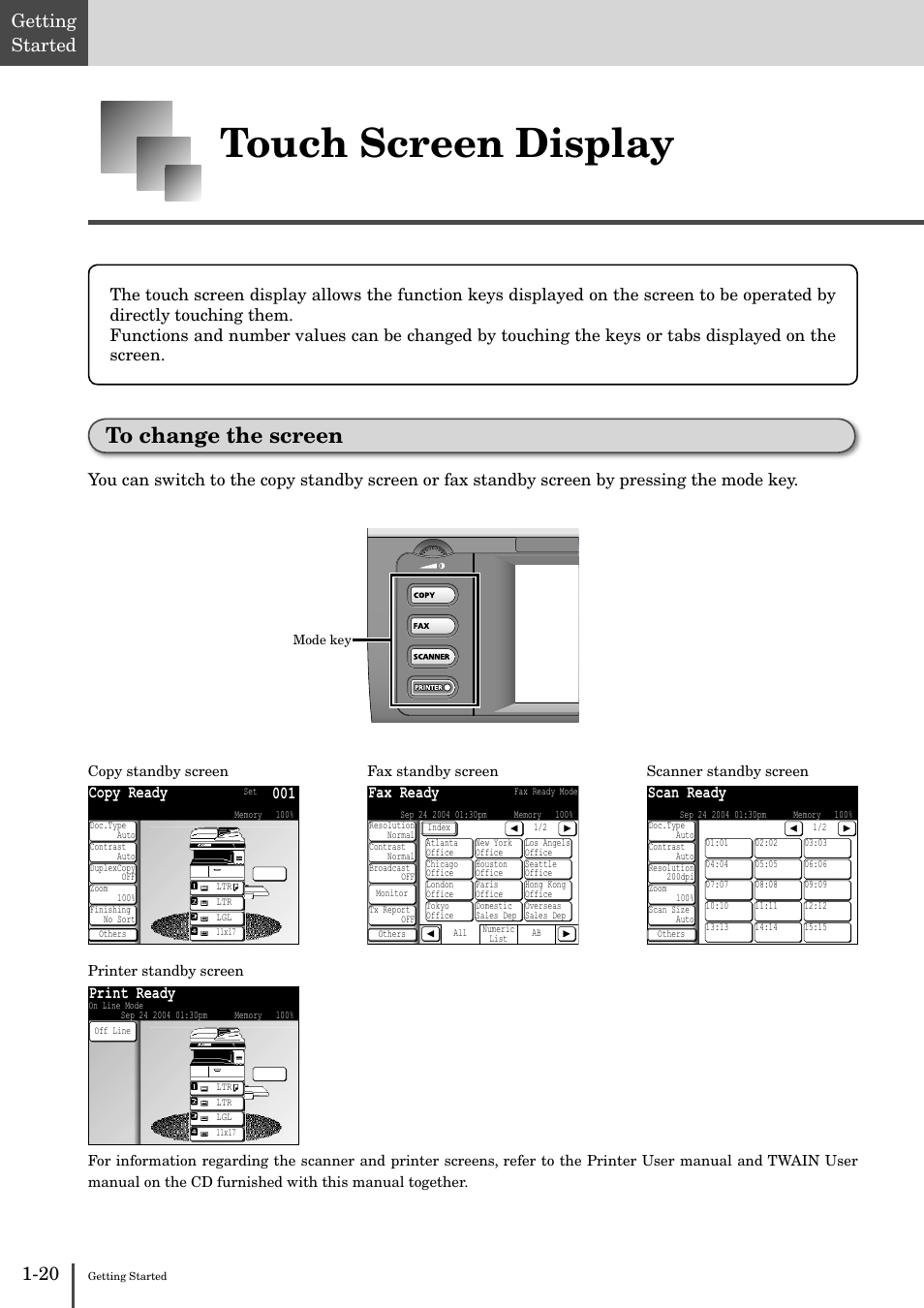 Touch screen display -20, To change the screen -20, Touch screen display | 20 getting started, Copy ready 001, Fax ready, Scan ready, Print ready | Muratec MFX-2830 User Manual | Page 38 / 471