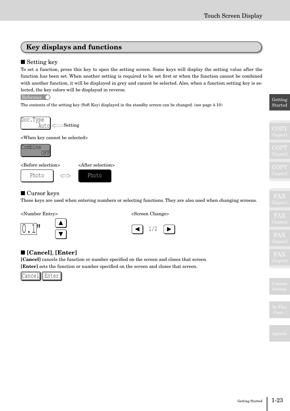 Key displays and functions -23, Key displays and functions, Doc.type auto | Combine off, Photo, Enter cancel | Muratec MFX-2830 User Manual | Page 41 / 471