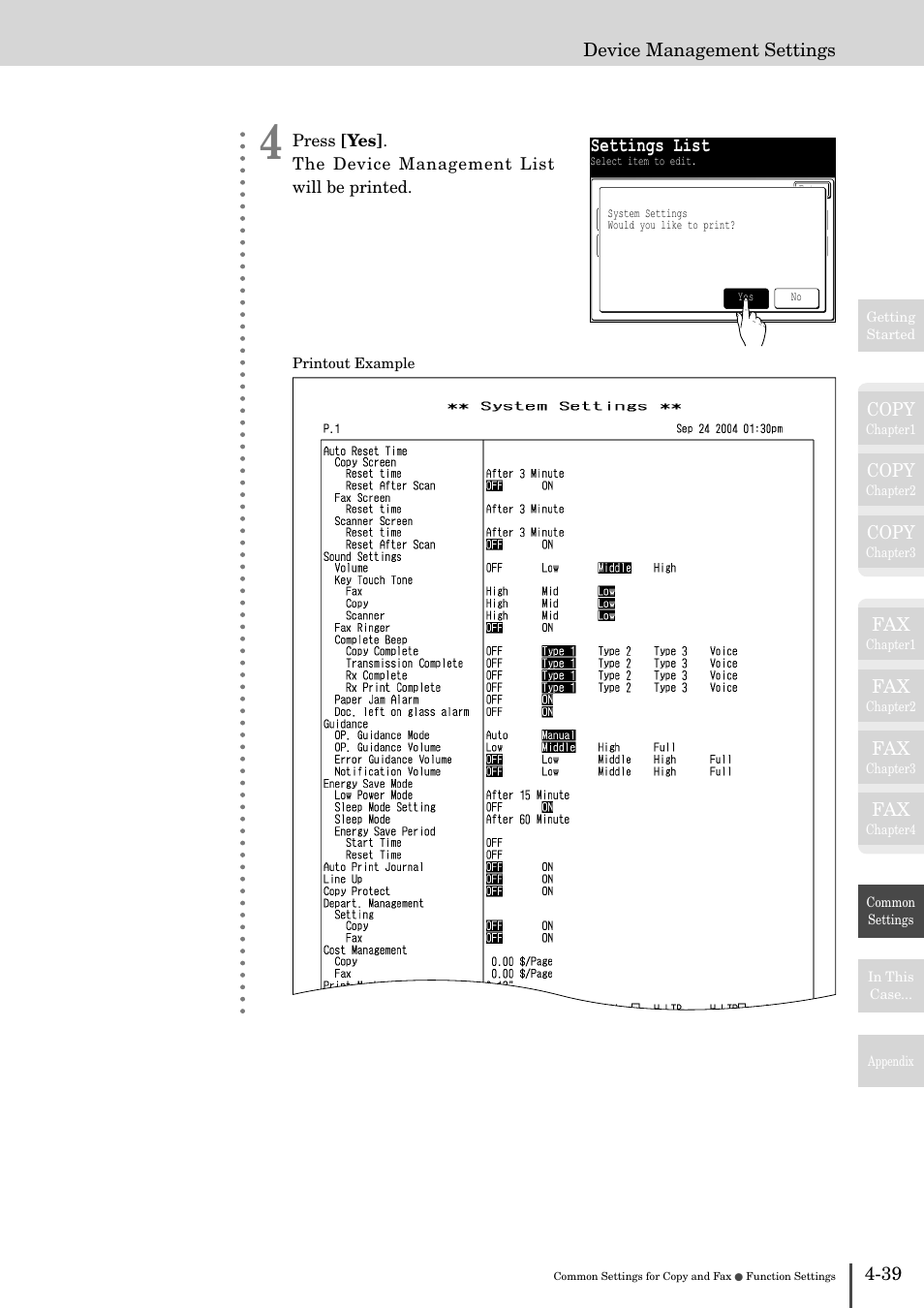 Settings list, Copy, Device management settings | Muratec MFX-2830 User Manual | Page 417 / 471