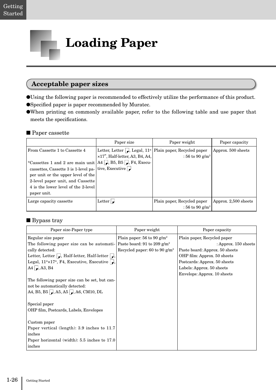 Loading paper -26, Acceptable paper sizes -26, Loading paper | Acceptable paper sizes, 26 getting started, Paper cassette, Bypass tray | Muratec MFX-2830 User Manual | Page 44 / 471