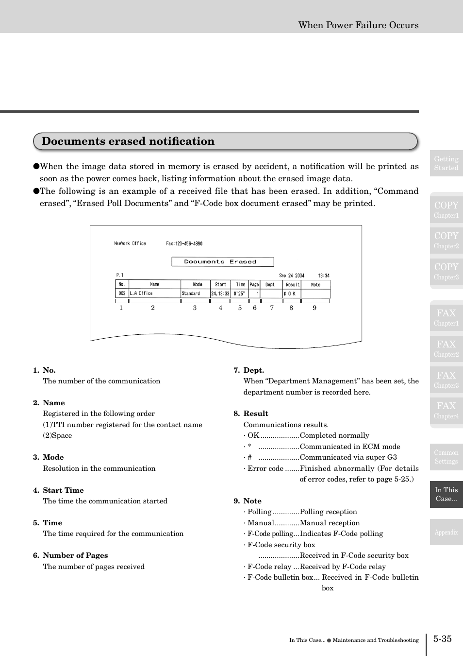 Documents erased notiﬁcation -35, Documents erased notiﬁcation, Copy | 35 when power failure occurs | Muratec MFX-2830 User Manual | Page 455 / 471