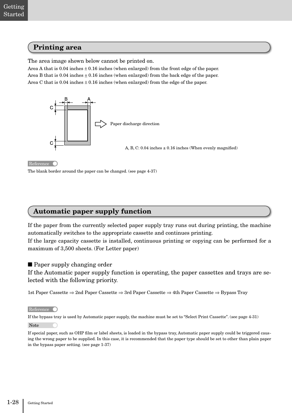 Automatic paper supply function, Printing area | Muratec MFX-2830 User Manual | Page 46 / 471