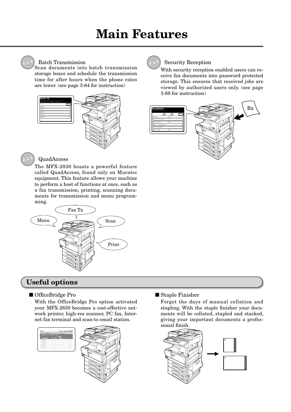 Main features, Useful options | Muratec MFX-2830 User Manual | Page 5 / 471