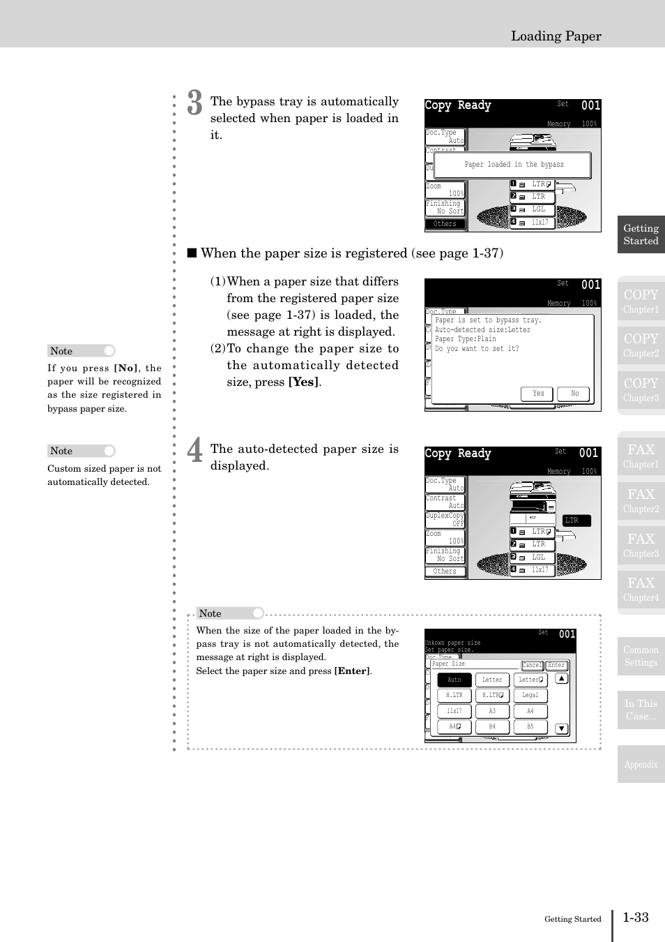 Copy ready 001, Copy, Loading paper | When the paper size is registered (see page 1-37) | Muratec MFX-2830 User Manual | Page 51 / 471