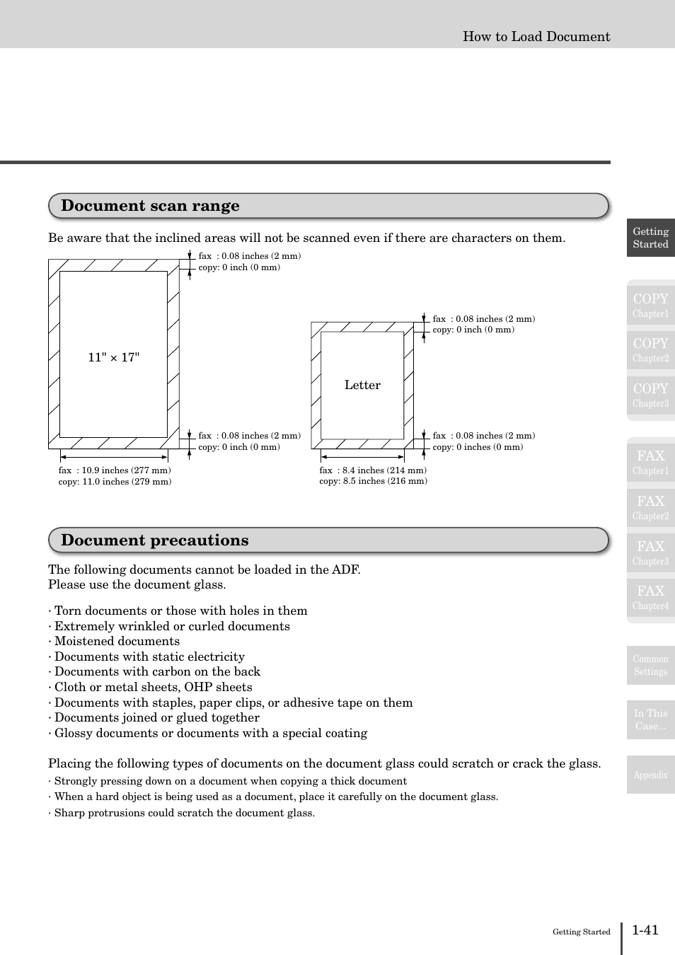 Document scan range -41 document precautions -41, Document scan range, Document precautions | Copy, How to load document | Muratec MFX-2830 User Manual | Page 59 / 471