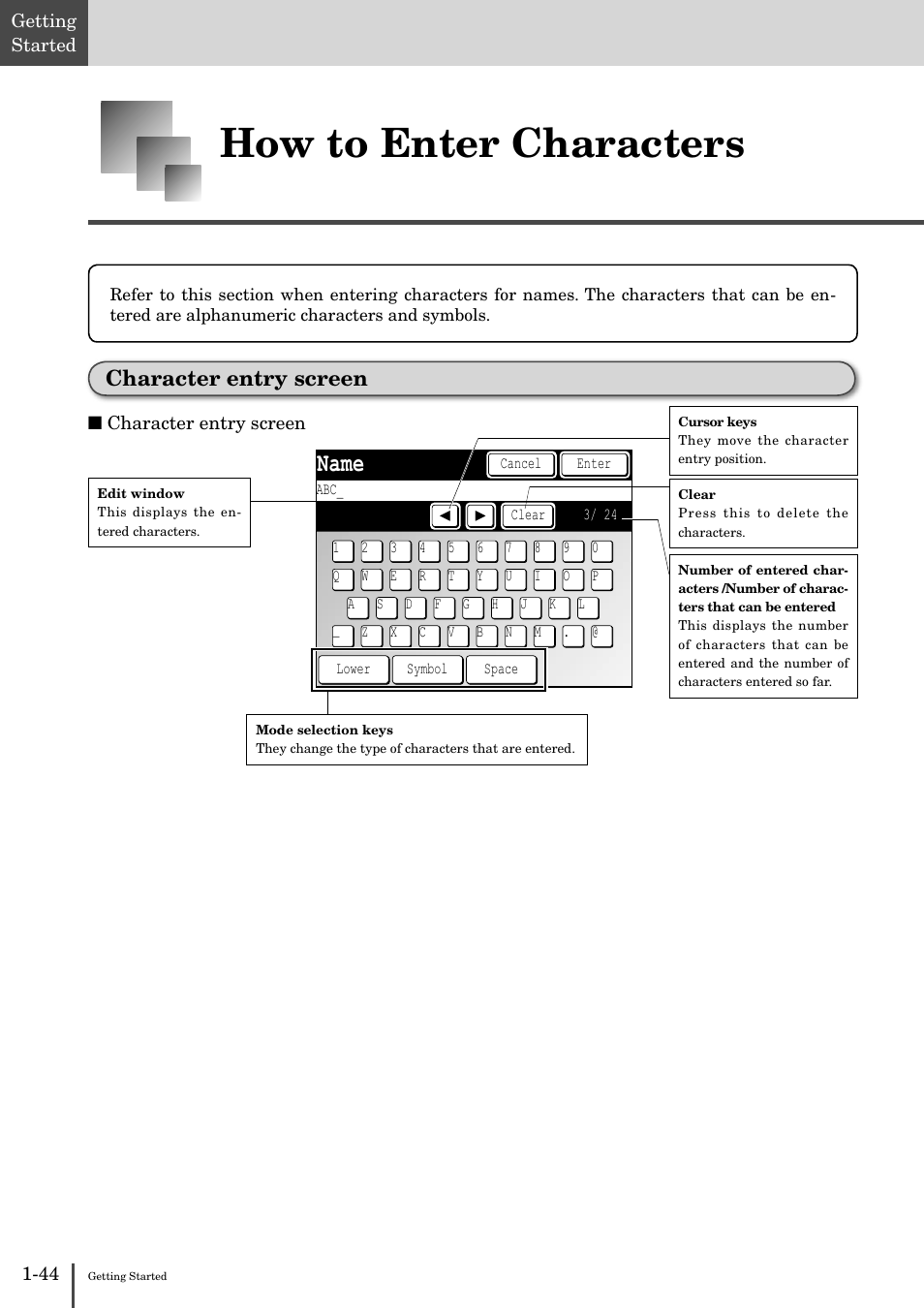 How to enter characters -44, Character entry screen -44, How to enter characters | Name, Character entry screen | Muratec MFX-2830 User Manual | Page 62 / 471