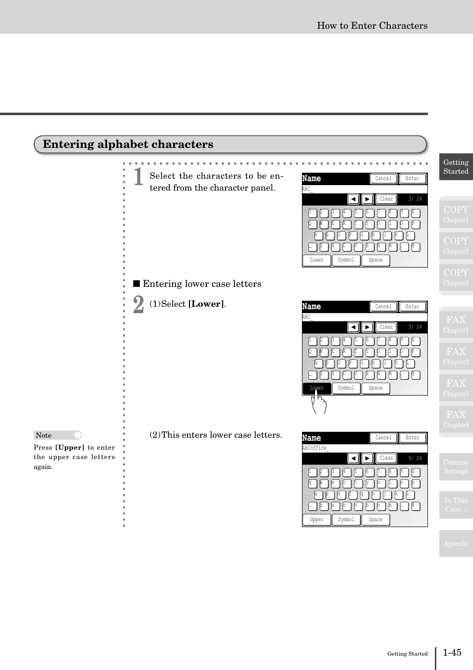 Entering alphabet characters -45, Entering alphabet characters, Name | Copy, How to enter characters, Entering lower case letters | Muratec MFX-2830 User Manual | Page 63 / 471