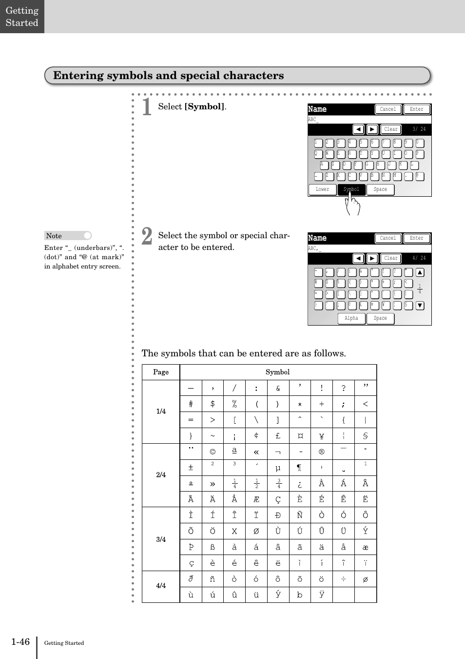 Entering symbols and special characters -46, Entering symbols and special characters, Name | 46 getting started, The symbols that can be entered are as follows | Muratec MFX-2830 User Manual | Page 64 / 471