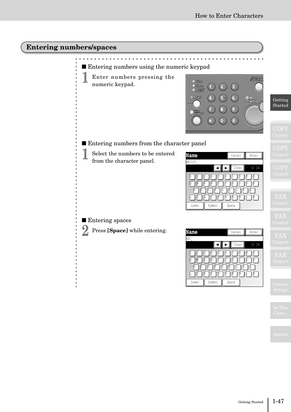 Entering numbers/spaces -47, Entering numbers/spaces, Name | Muratec MFX-2830 User Manual | Page 65 / 471