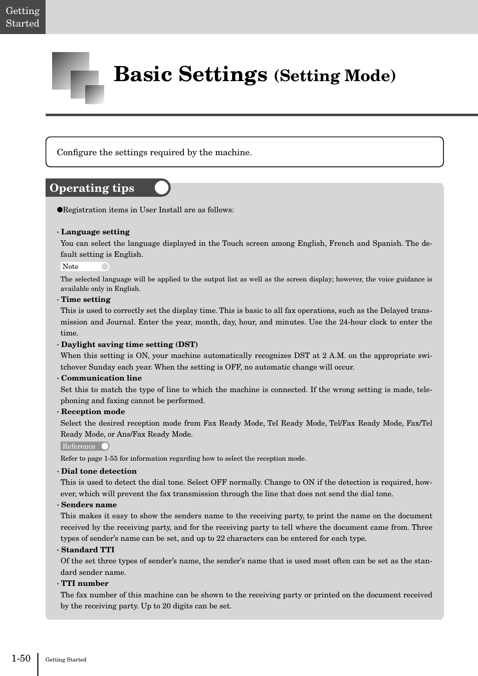 Basic settings (setting mode) -50, Basic settings, Setting mode) | Operating tips | Muratec MFX-2830 User Manual | Page 68 / 471