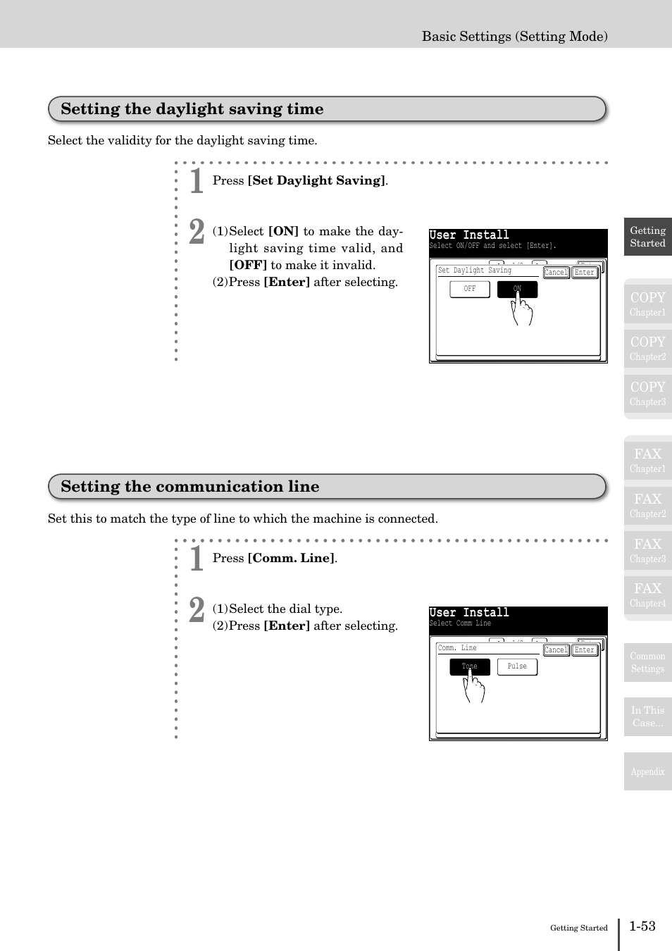 Setting the daylight saving time -53, Setting dial tone detection -56, Setting the daylight saving time | Setting the communication line | Muratec MFX-2830 User Manual | Page 71 / 471